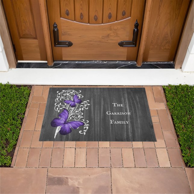 Purple Rustic Butterfly Personalised Doormat (Outdoor)