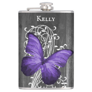 Purple Rustic Butterfly Personalised Flask