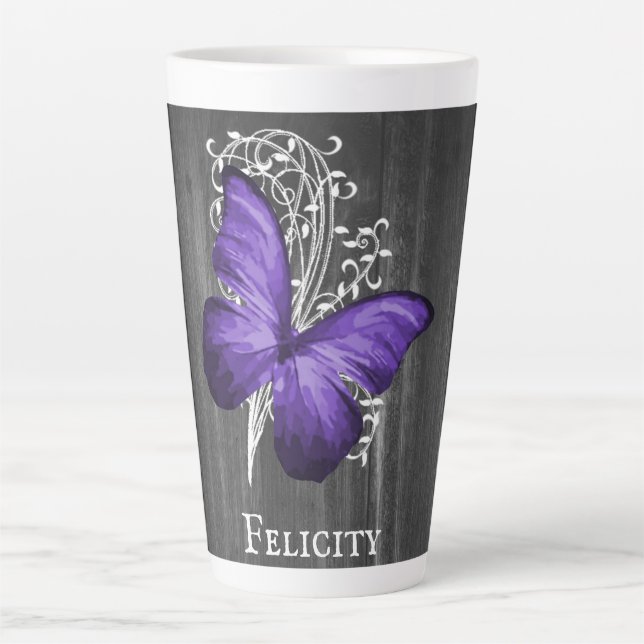 Purple Rustic Butterfly Personalised Latte Mug (Front)