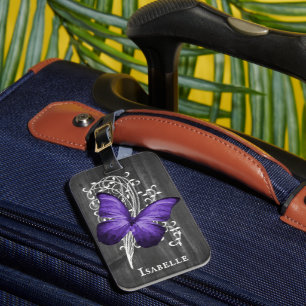 Purple Rustic Butterfly Personalised Luggage Tag