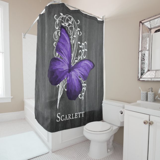 Purple Rustic Butterfly Personalised Shower Curtain (In Situ)