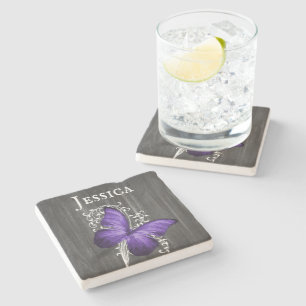 Purple Rustic Butterfly Personalised Stone Coaster