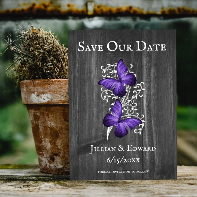 Purple Rustic Butterfly Save The Date Announcement (Purple Rustic Butterfly Save the Date)