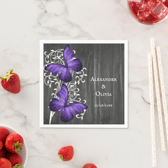 Purple Rustic Butterfly Wedding Napkin (Insitu)