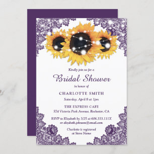 Purple Rustic Chic Lace Sunflower Bridal Invitation