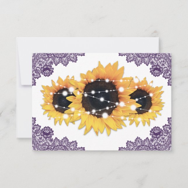 Purple Rustic Chic Lace Sunflower Wedding RSVP Card (Front)