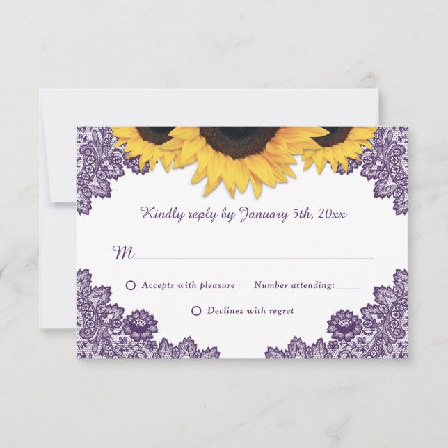 Purple Rustic Chic Lace Sunflower Wedding RSVP Card (Front)