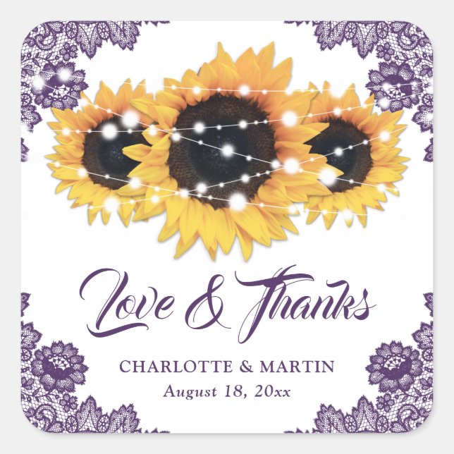Purple Rustic Chic Sunflower Wedding Thank You Square Sticker (Front)