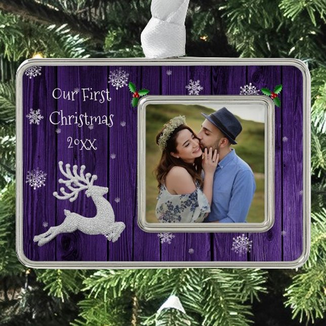 Purple Rustic Christmas Reindeer Framed First Silver Plated Framed Ornament (Purple Rustic Christmas Reindeer Framed First Christmas Ornament)