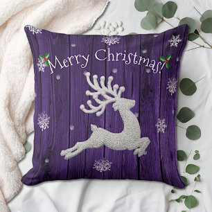 Purple Rustic Christmas Reindeer Throw Pillow
