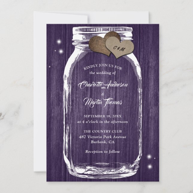 Purple Rustic Country Wood Mason Jar Wedding Invitation (Front)