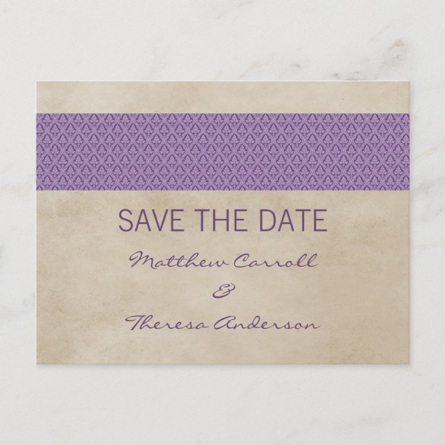 Purple Rustic Damask Save the Date Postcard (Front)