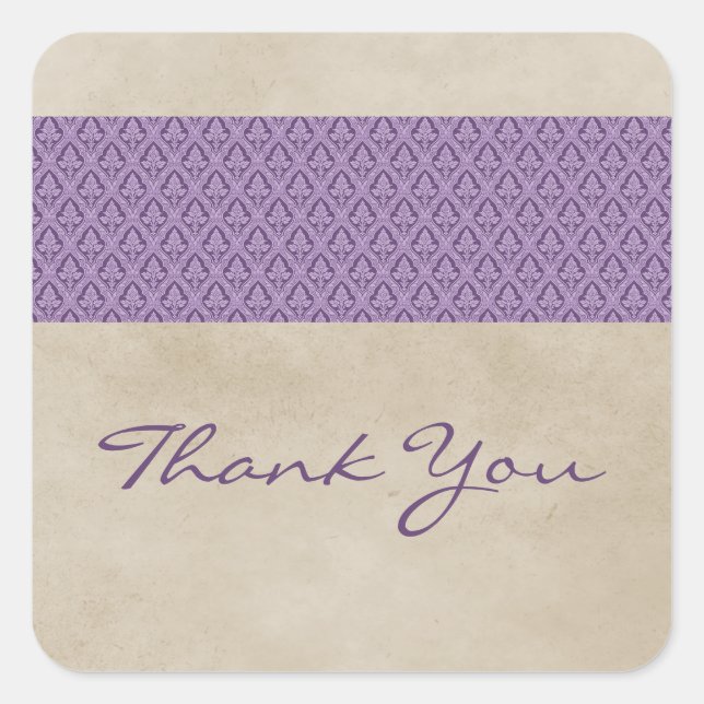 Purple Rustic Damask Thank You Stickers (Front)