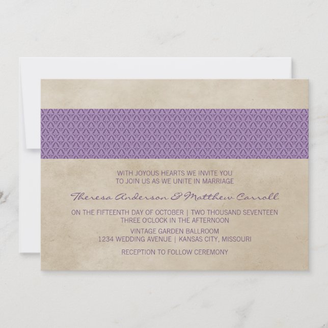Purple Rustic Damask Wedding Invite (Front)