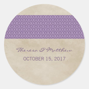 Purple Rustic Damask Wedding Stickers