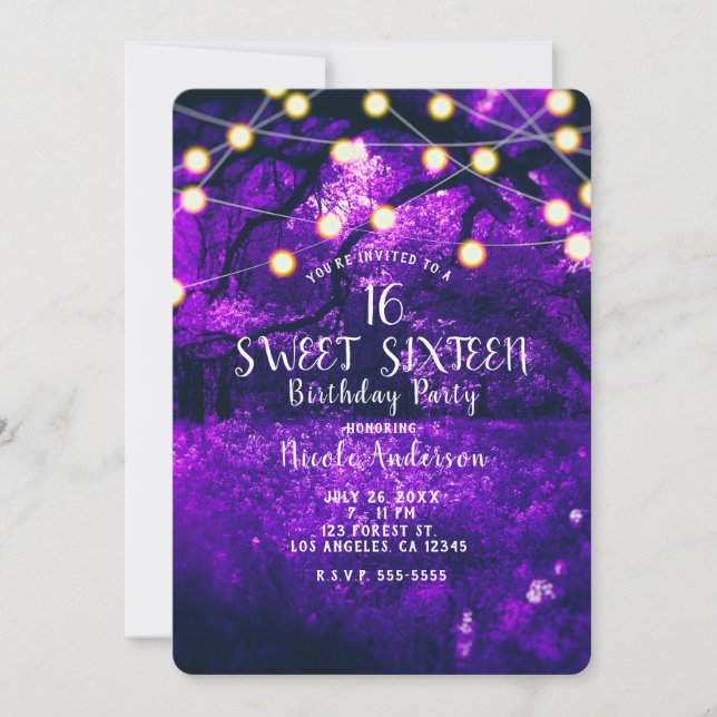 Purple Rustic Enchanted Forest Lights Sweet 16 Invitation (Front)