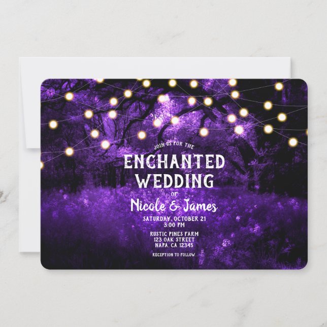 Purple Rustic Enchanted Forest Lights Wedding Invitation (Front)