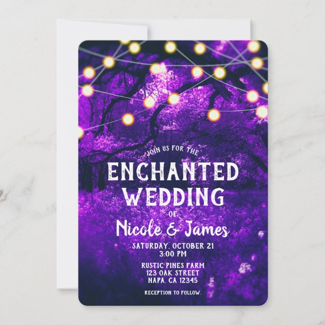Purple Rustic Enchanted Forest Lights Wedding Invitation (Front)