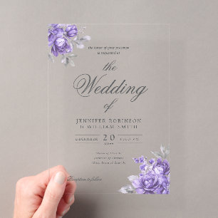 Purple Rustic Floral Elegant Script Wedding Acrylic Invitations