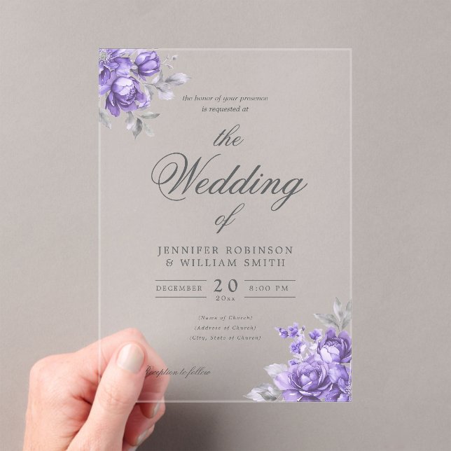 Purple Rustic Floral Elegant Script Wedding  Acrylic Invitations (Insitu (Handheld))