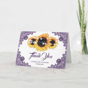Purple Rustic Floral Lace Sunflower Wedding Thank You Card