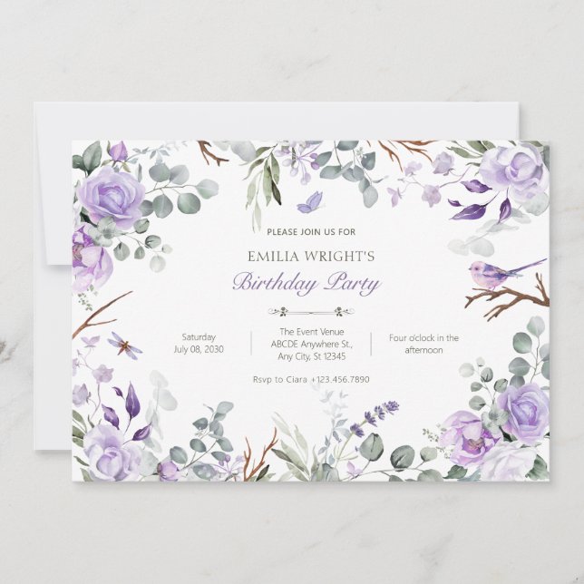 Purple rustic flowers birthday invitation (Front)