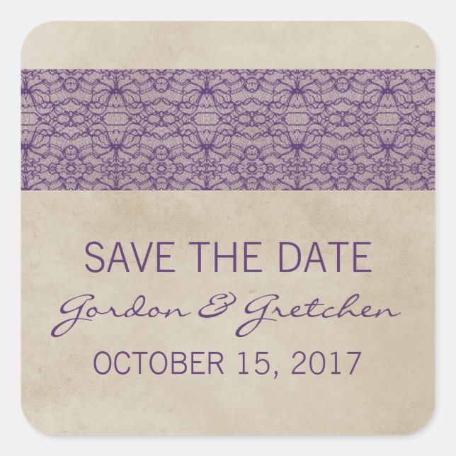 Purple Rustic Lace Save the Date Stickers (Front)