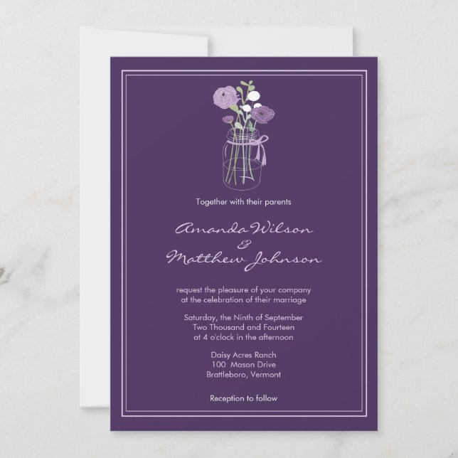 Purple Rustic Mason Jar Wedding Invitations (Front)