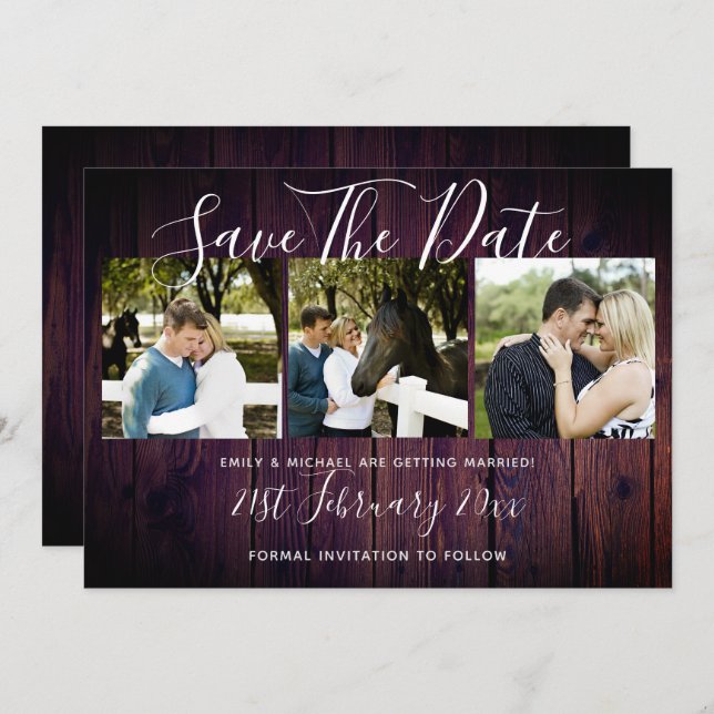 Purple Rustic PHOTO Collage Save The Date Wedding Invitation (Front/Back)