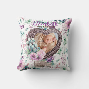 Purple Rustic Photo New Baby Birth Stats Floral Cushion