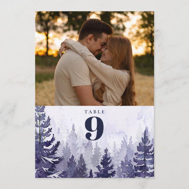 Purple Rustic Pine Tree Forest Photo Table Number (Front)