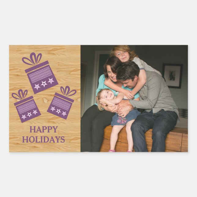 Purple Rustic Presents Holiday Photo Stickers (Front)