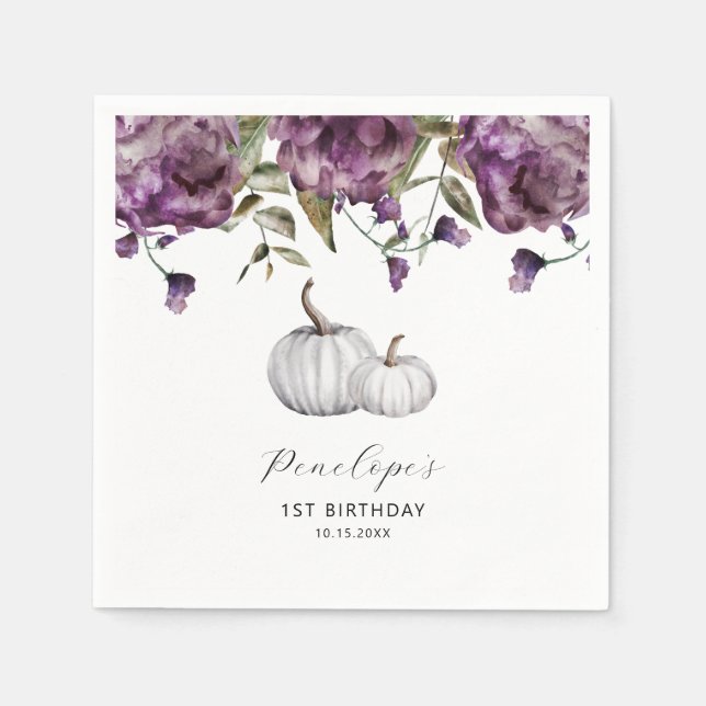 Purple Rustic Pumpkin Fall Birthday Party Napkin (Front)