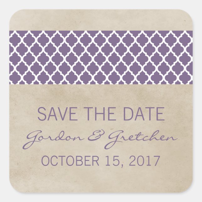 Purple Rustic Quatrefoil Save the Date Stickers (Front)