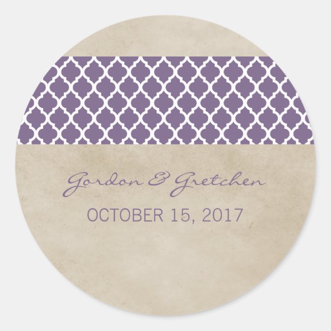 Purple Rustic Quatrefoil Wedding Stickers (Front)