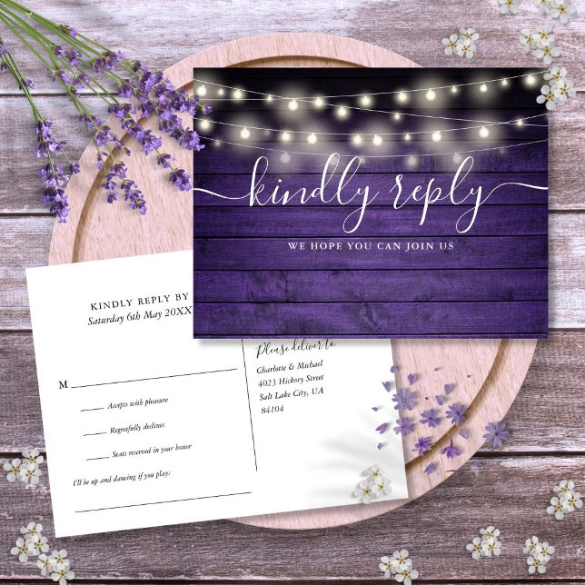 Purple Rustic String Lights Song Request RSVP Invitation Postcard (Purple Rustic String Lights Song Request RSVP Invitation Postcard)