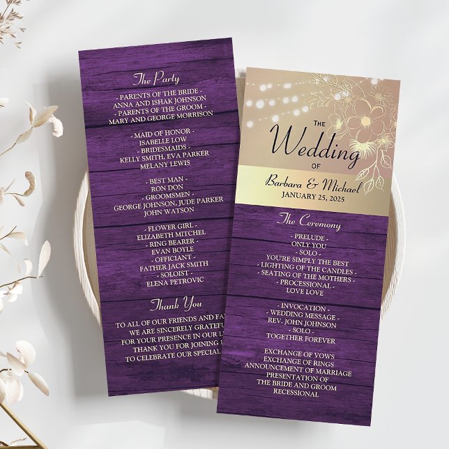 Purple Rustic String Lights Wedding Program (Creator Uploaded)