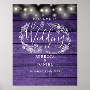 Purple Rustic String Lights Wedding Welcome Sign