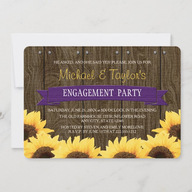PURPLE RUSTIC SUNFLOWER ENGAGEMENT PARTY INVITATION (Front)