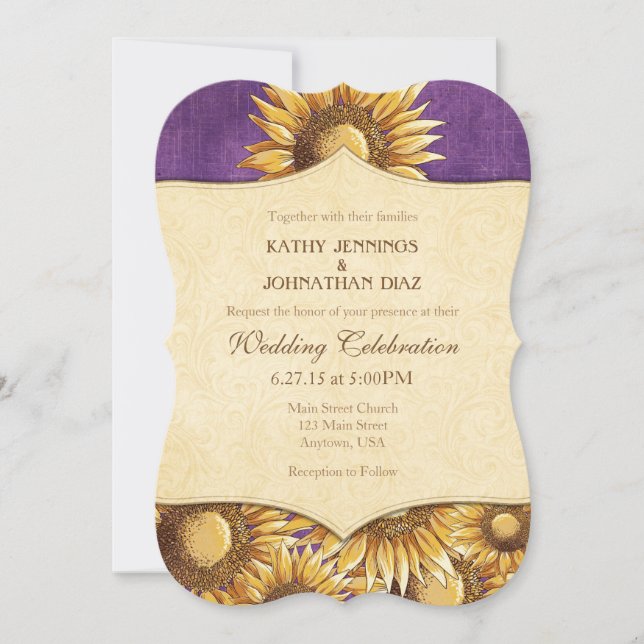 Purple Rustic Sunflower Wedding Invitation (Front)