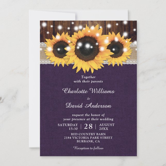 Purple Rustic Sunflower Wedding Invitation (Front)