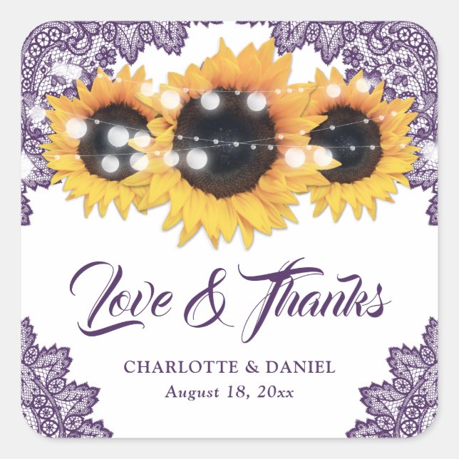 Purple Rustic Sunflower Wedding Thank You Square Sticker (Front)