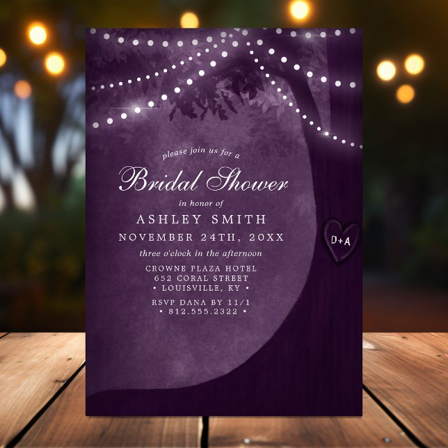Purple Rustic Tree Initials Lights Bridal Shower Invitation (Creator Uploaded)