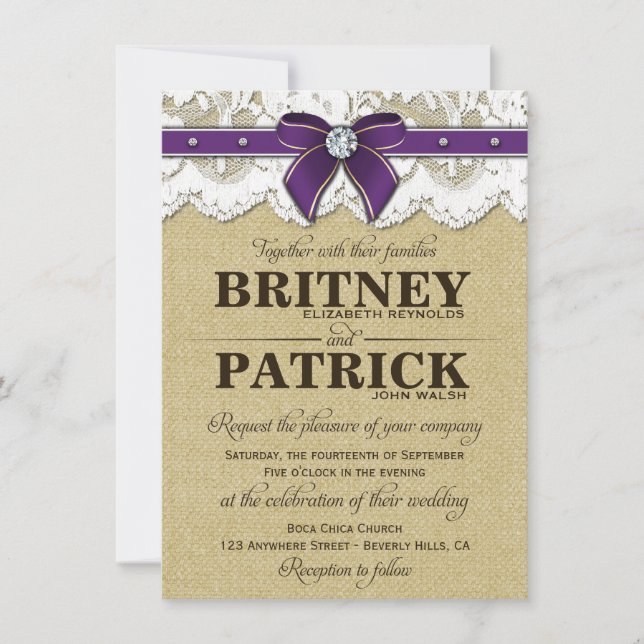 Purple Rustic Vintage Burlap Wedding Invitations (Front)