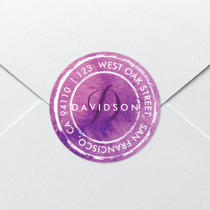 Purple Rustic Watercolor Monogram   Round Address Classic Round Sticker