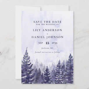 Purple Rustic Watercolor Pine Tree Forest Wedding Save The Date