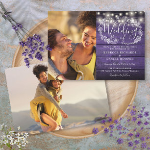 Purple Rustic Wood 2 Photo String Lights Wedding Invitation