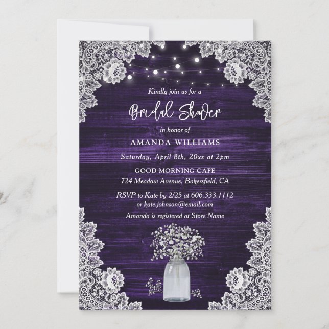 Purple Rustic Wood Baby's Breath Bridal Shower Invitation (Front)