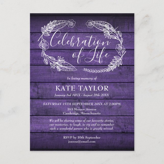 Purple Rustic Wood Celebration of Life Funeral Announcement Postcard (Front)