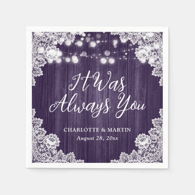 Purple Rustic Wood Floral Lace Wedding Napkin (Front)